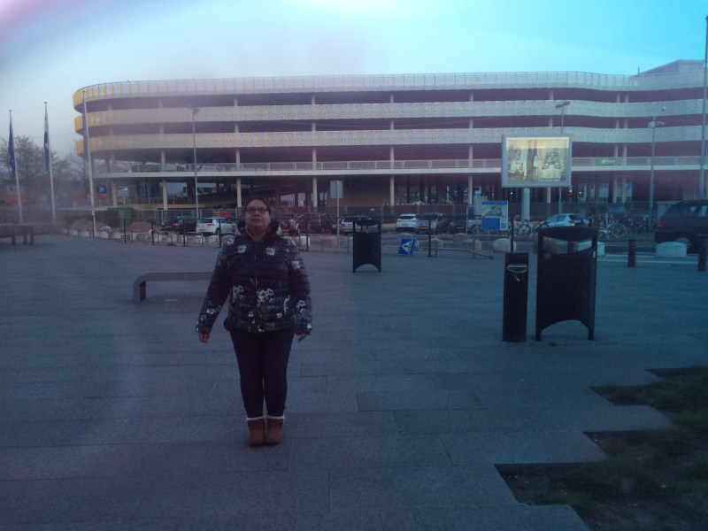Ilona-Ruby in her cute fluffy boots in front of the new building, pic taken through my sunglasses!